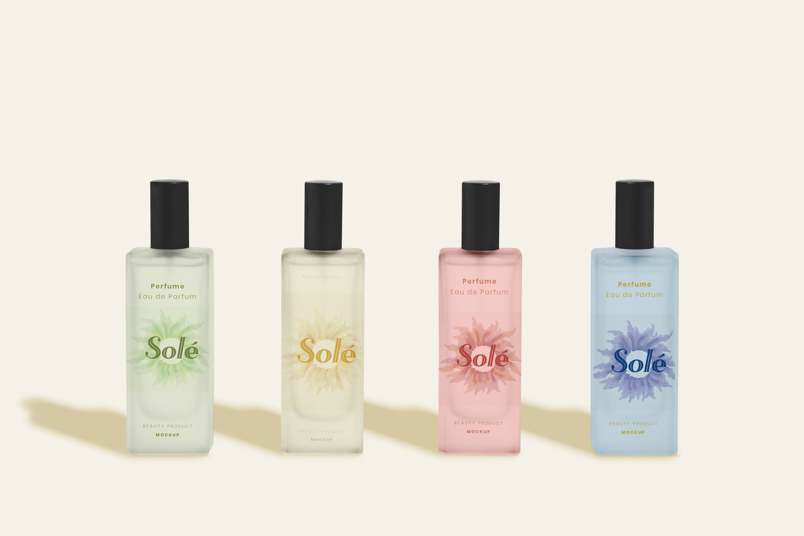 sole perfume bottles in a row according to their scent/ season